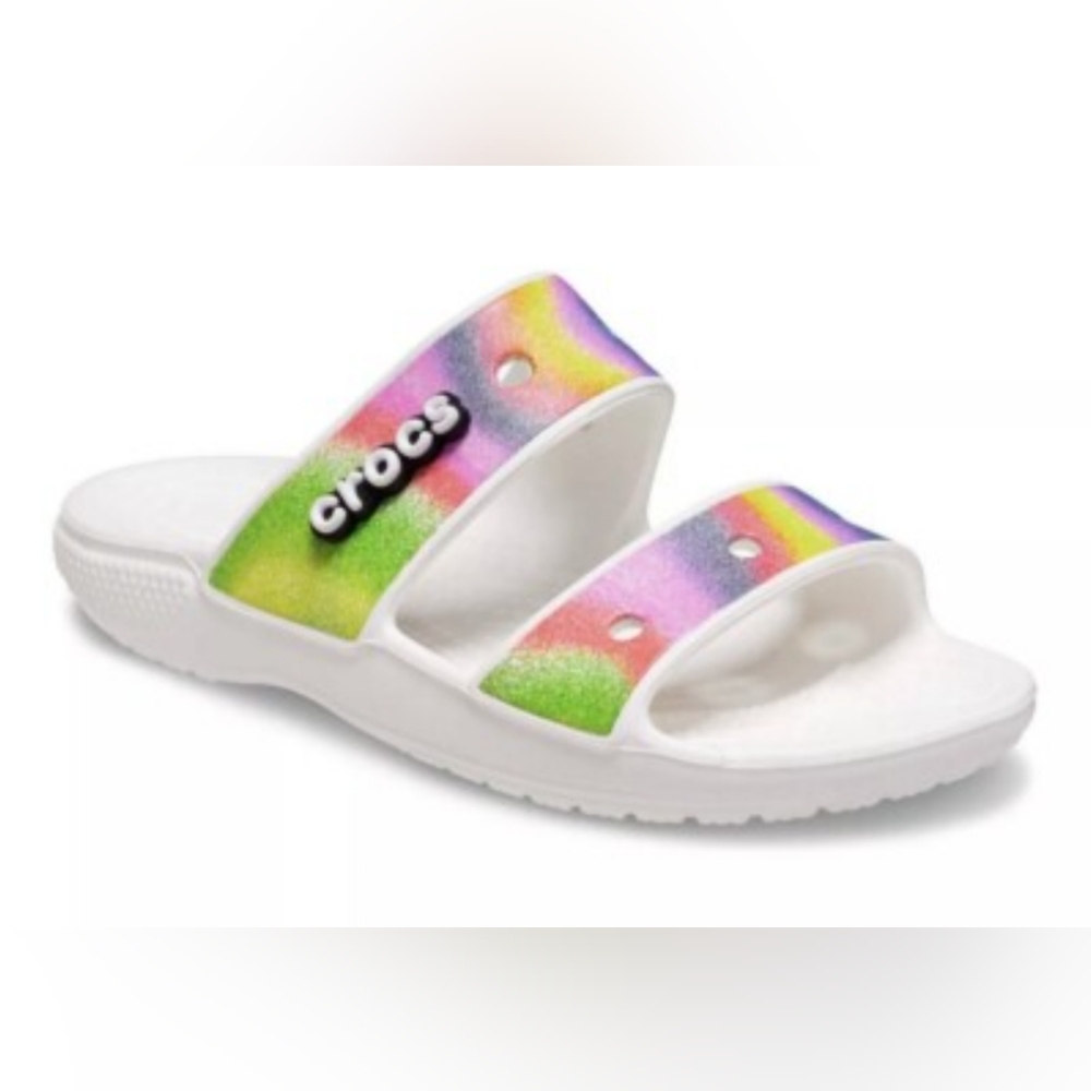 CROCS White 2 Strap Sandals with Spray Dyed Rainbow Multicolor Playful Design